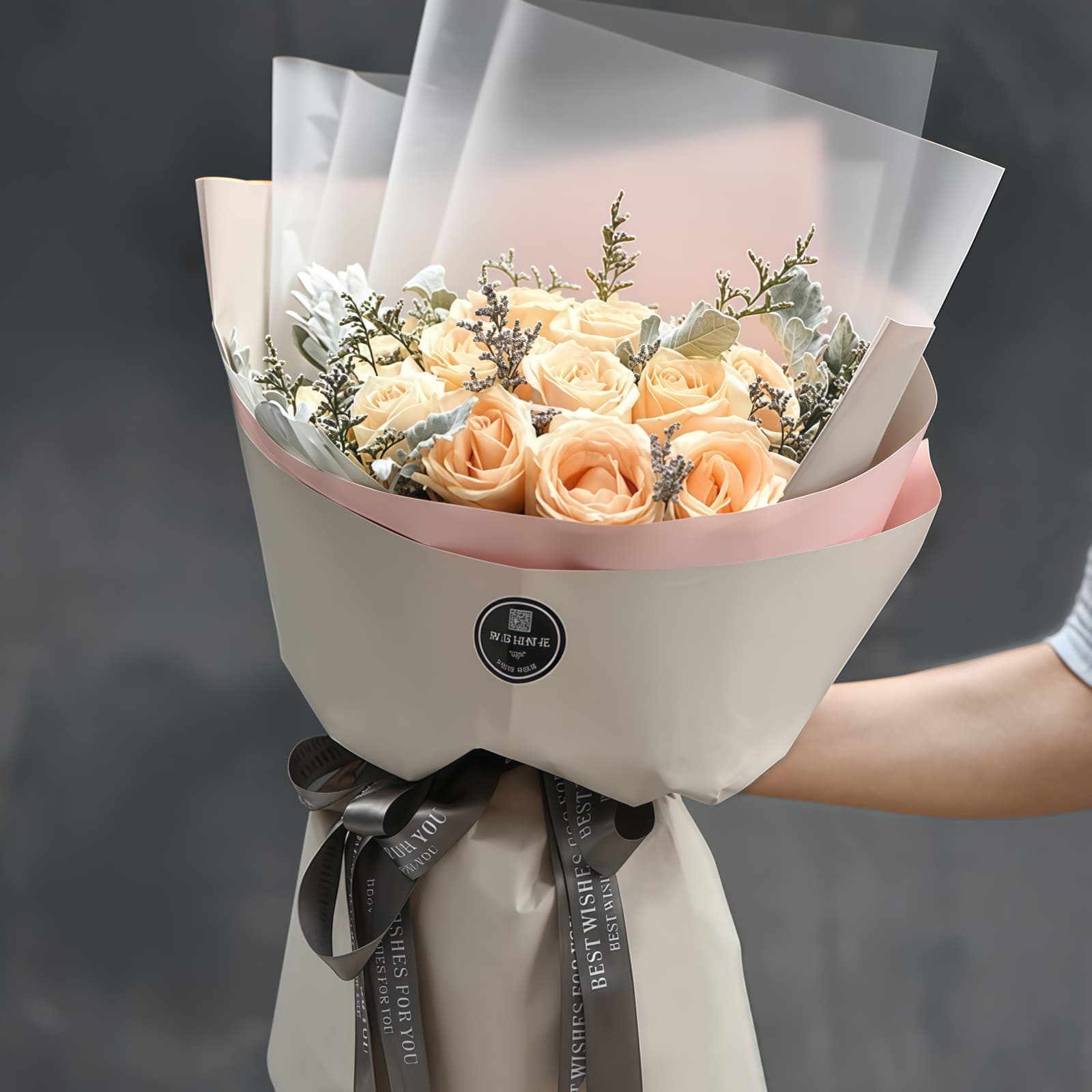 天天天晴 · 香槟玫瑰与银叶菊搭配 19 Champagne Roses Bouquet - Pure Affection | Elegant Floral Gift - 2