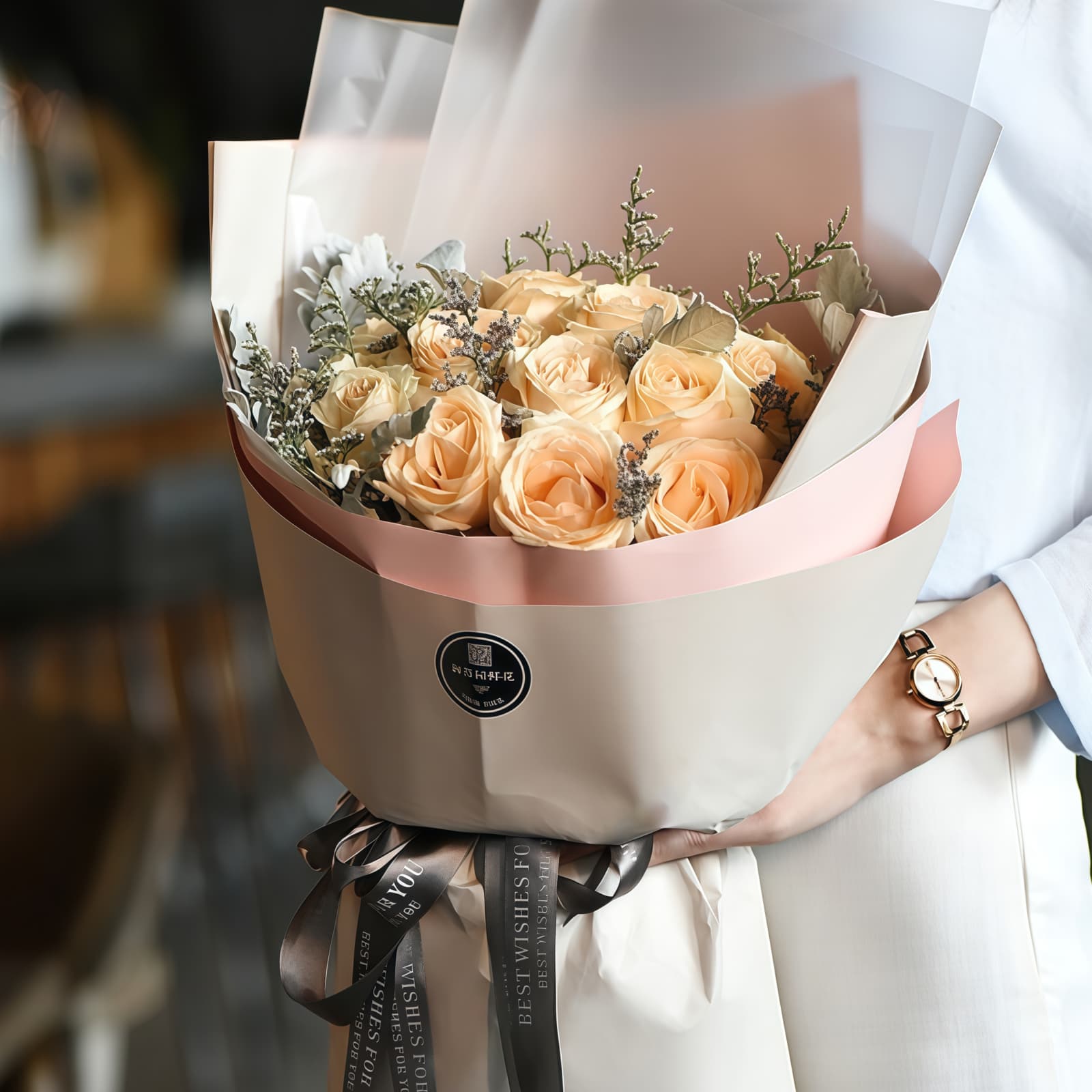 天天天晴 · 香槟玫瑰与银叶菊搭配 19 Champagne Roses Bouquet - Pure Affection | Elegant Floral Gift - 4