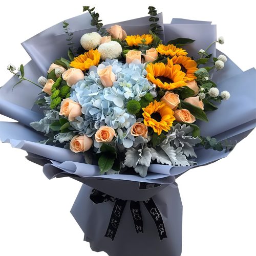 6 Sunflowers & 15 Champagne Roses Bouquet | Sunny Radiance - 1