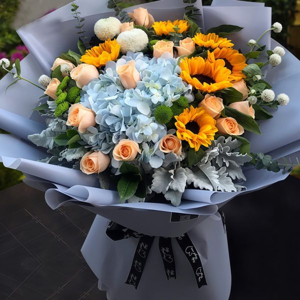 向阳的温暖 · 向日葵与香槟玫瑰花束 6 Sunflowers & 15 Champagne Roses Bouquet | Sunny Radiance - 2