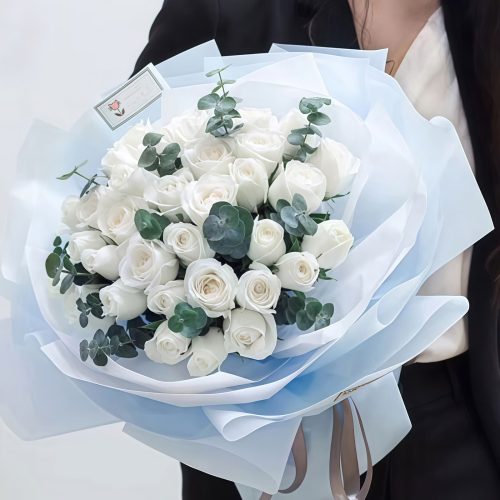 33 White Roses Bouquet – Pure Elegance – 1 33 White Roses Bouquet - Pure Elegance with Eucalyptus - 1
