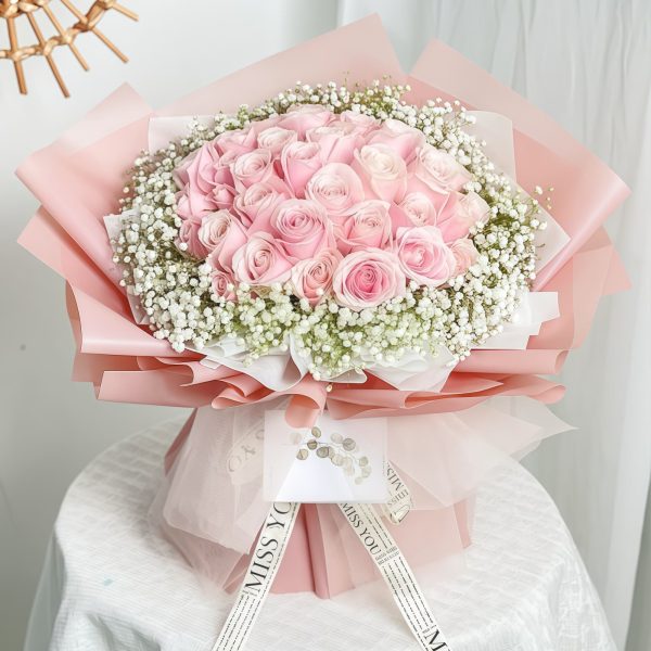 粉色梦境 · 粉玫瑰与满天星花束 33 Pink Roses Bouquet - Pink Romance | Luxury Floral Gift