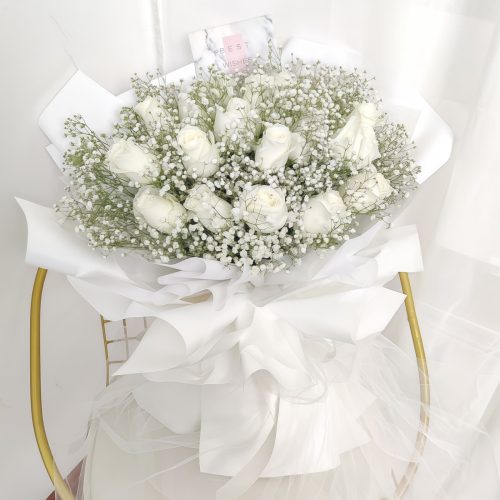 16 White Roses Bouquet – Pure Devotion 16 White Roses Bouquet - Elegant White Roses & Baby's Breath