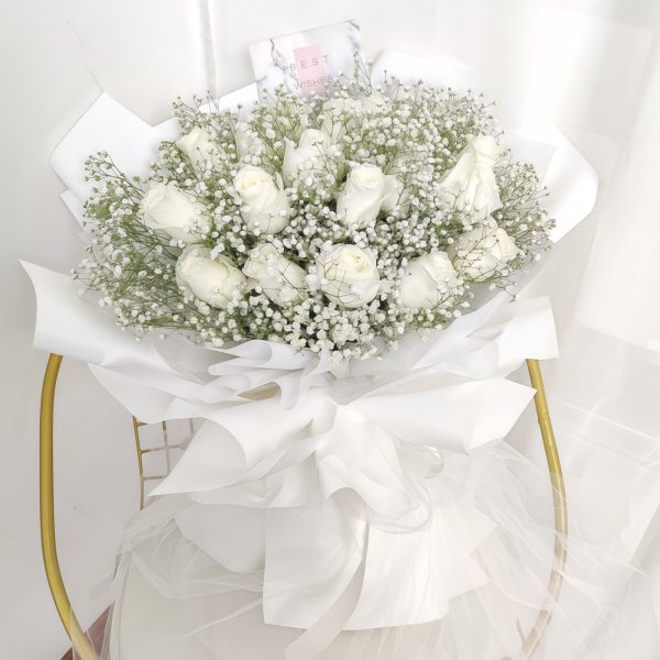 如梦一场 · 白玫瑰与白色满天星花束 16 White Roses Bouquet - Elegant White Roses & Baby's Breath