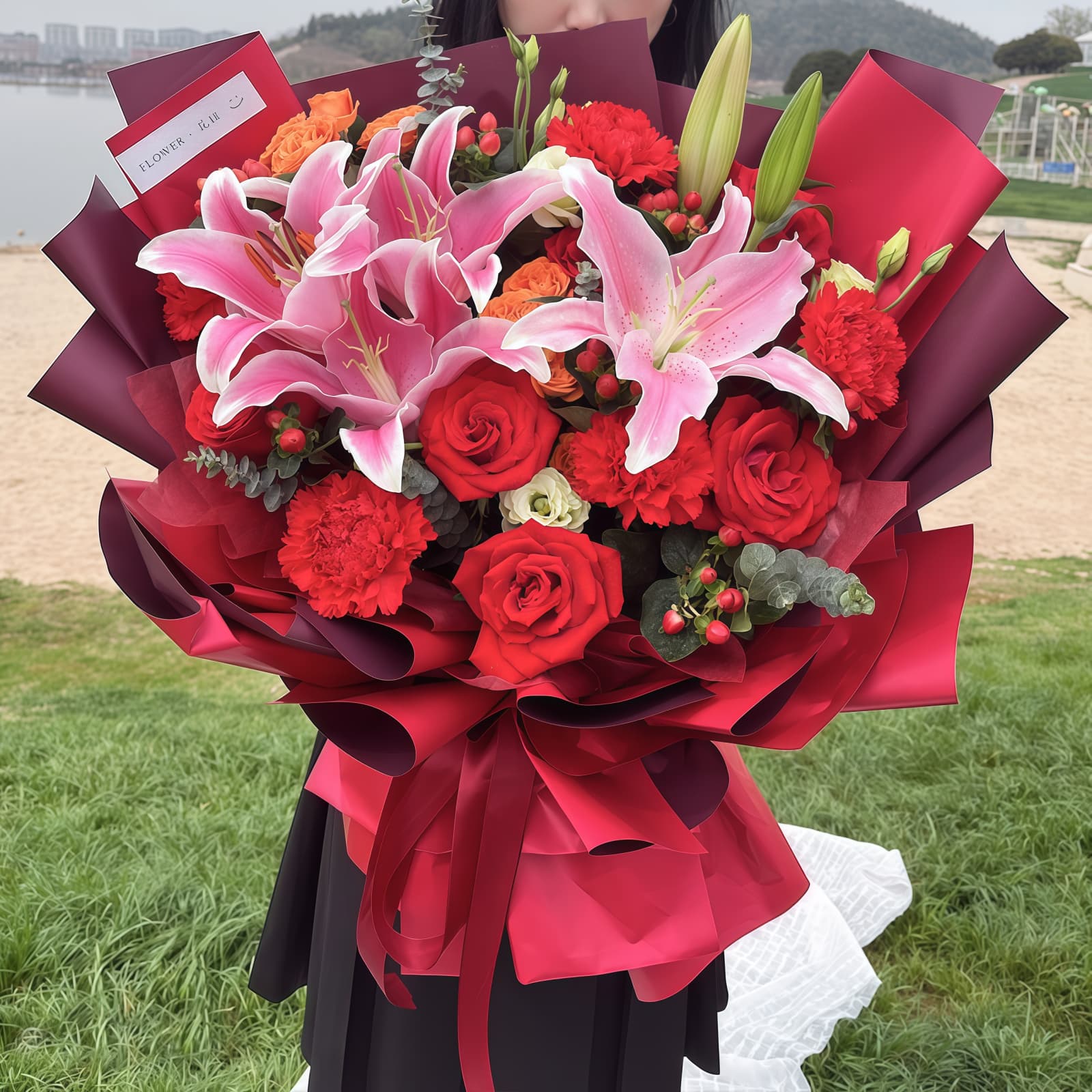 25-Stem Rose, Carnation & Lily Bouquet – Sunlit Morning Sunlit Morning Bouquet: 25-Stem Rose, Carnation & Lily Arrangement