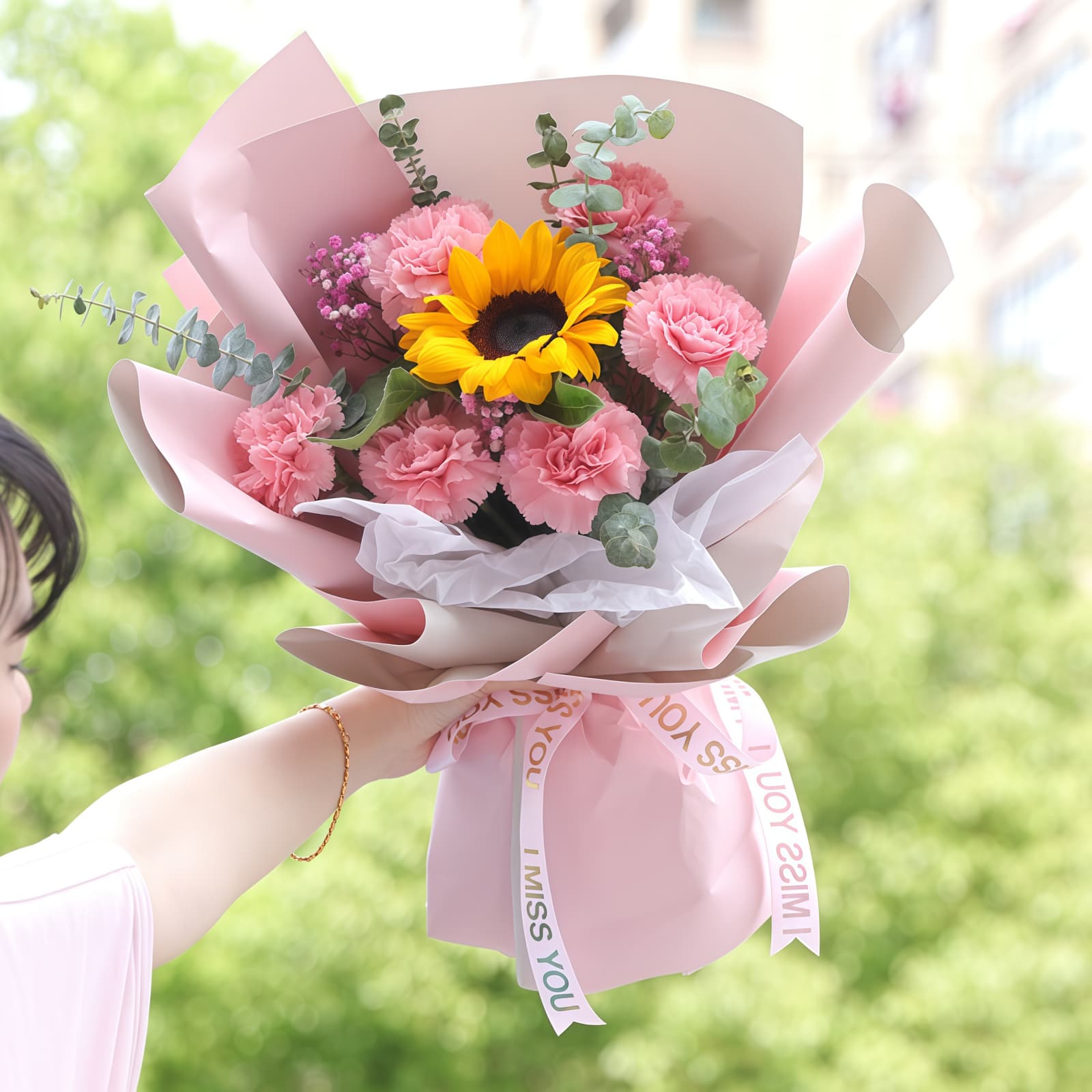 7-Stem Sunflower & Pink Carnation Bouquet – Happy Moments 7-Stem Sunflower & Pink Carnation Bouquet | Happy Moments Floral Gift