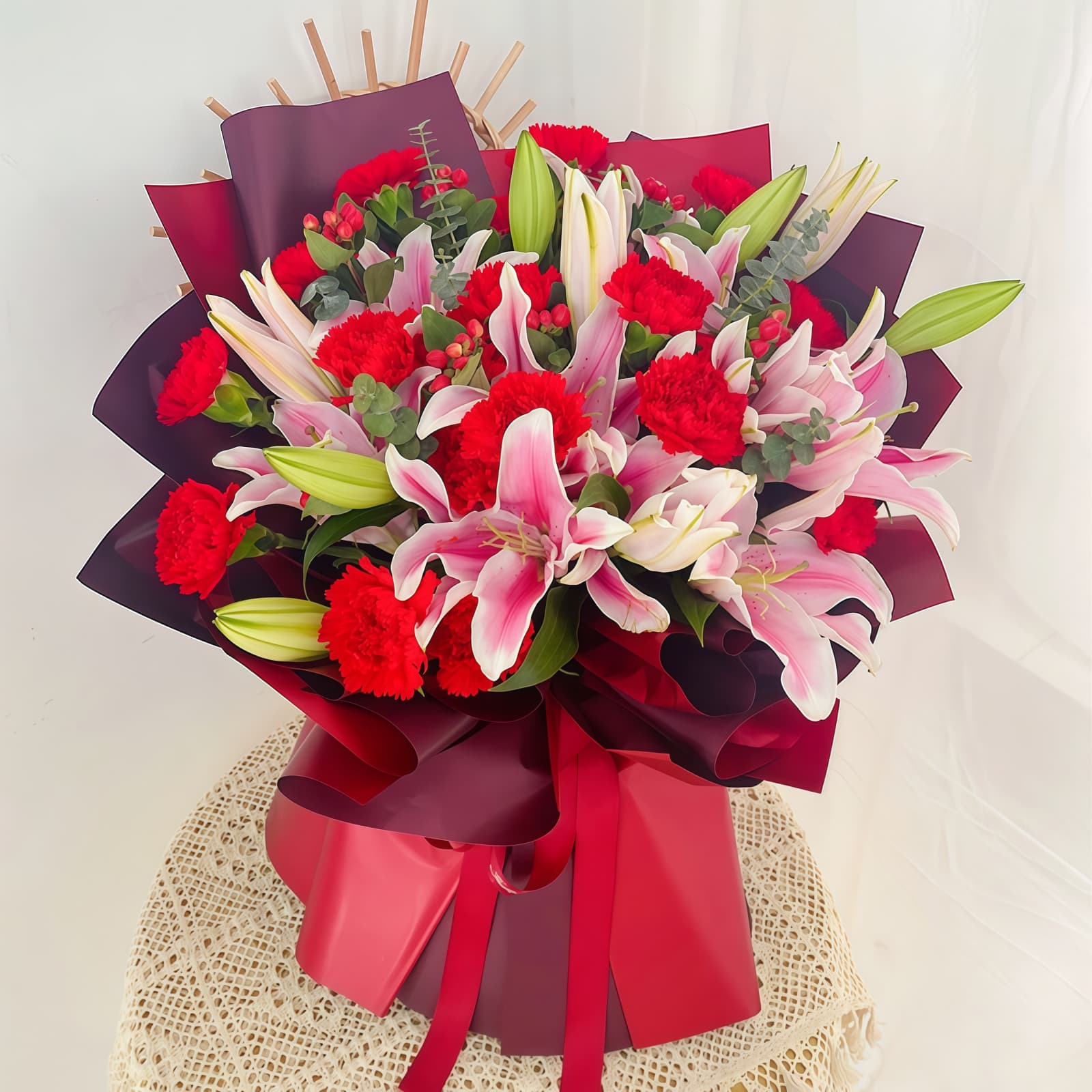 34-Stem Red Carnation & Lily Bouquet – Soft Serenity 34-Stem Red Carnation & Lily Bouquet | Elegant Floral Gift