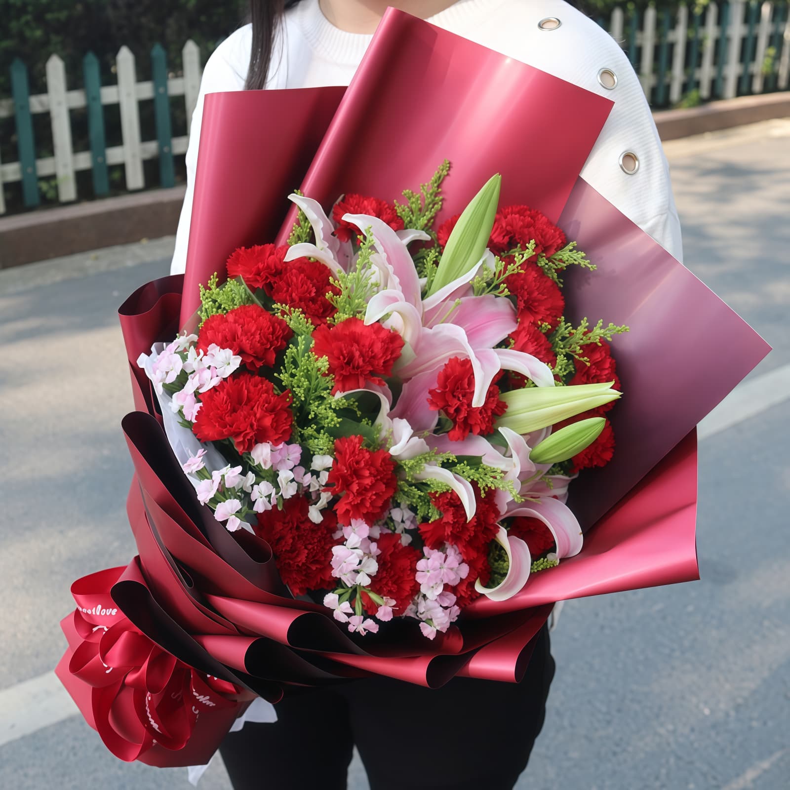 21-Stem Red Carnation & Lily Bouquet – Peaceful Wishes 21-Stem Red Carnation & Lily Bouquet | Peaceful Wishes Floral Gift