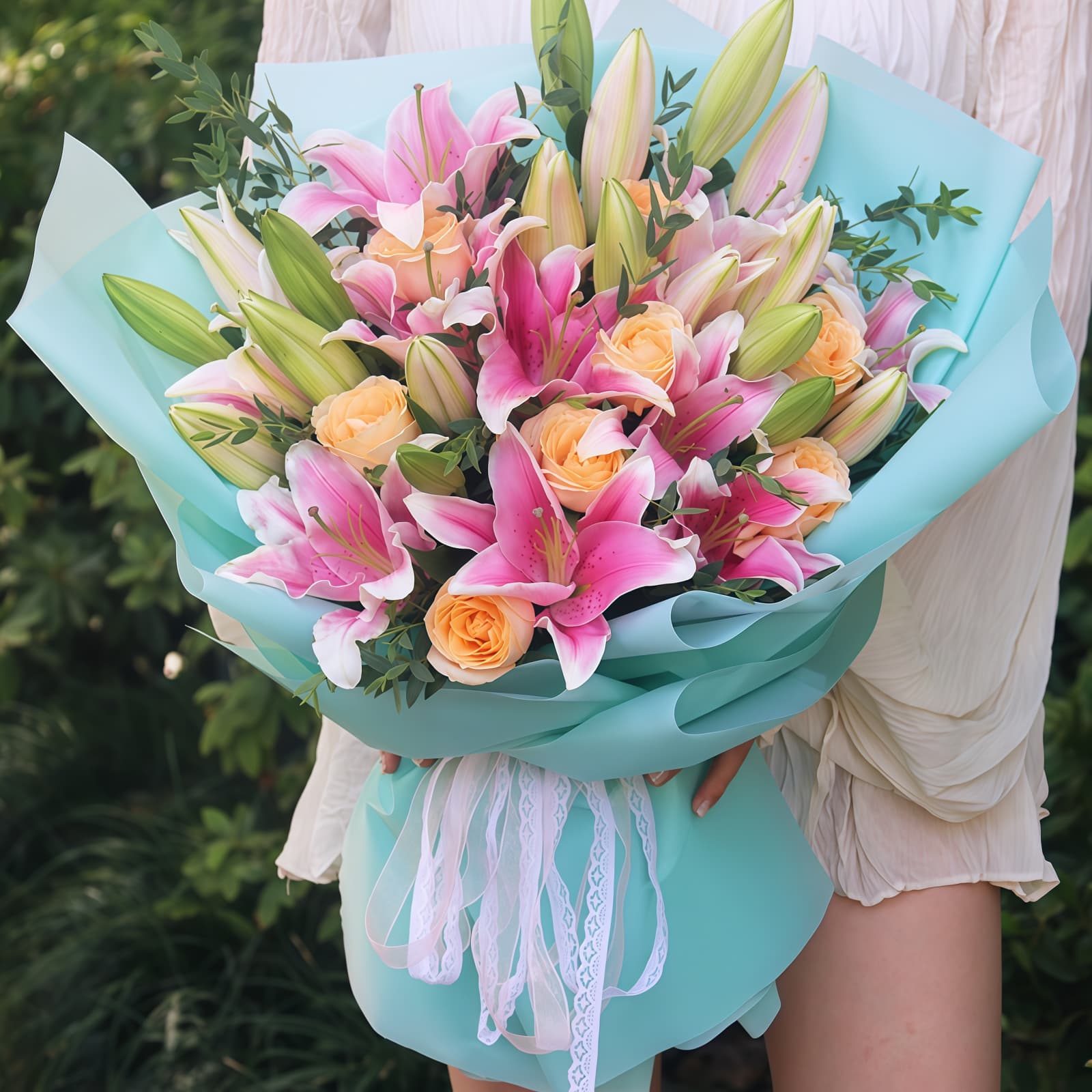 30-Stem Pink Lily & Champagne Rose Bouquet – Graceful Charm 30-Stem Pink Lily & Champagne Rose Bouquet | Elegant Floral Gift