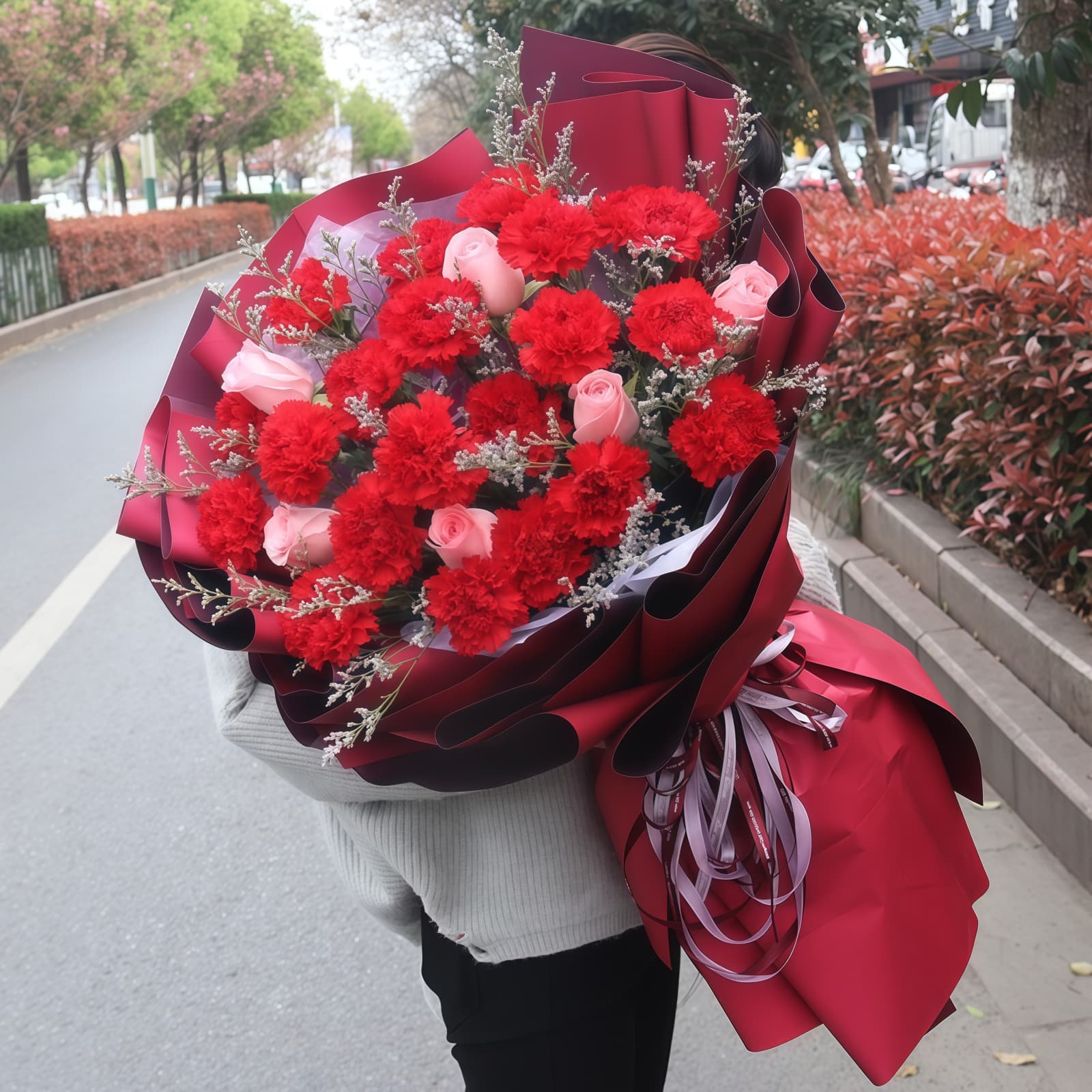 33 Mixed Roses & Carnations Bouquet – Sweet Reunion Sweet Reunion: Mixed Red Carnations & Pink Roses Bouquet
