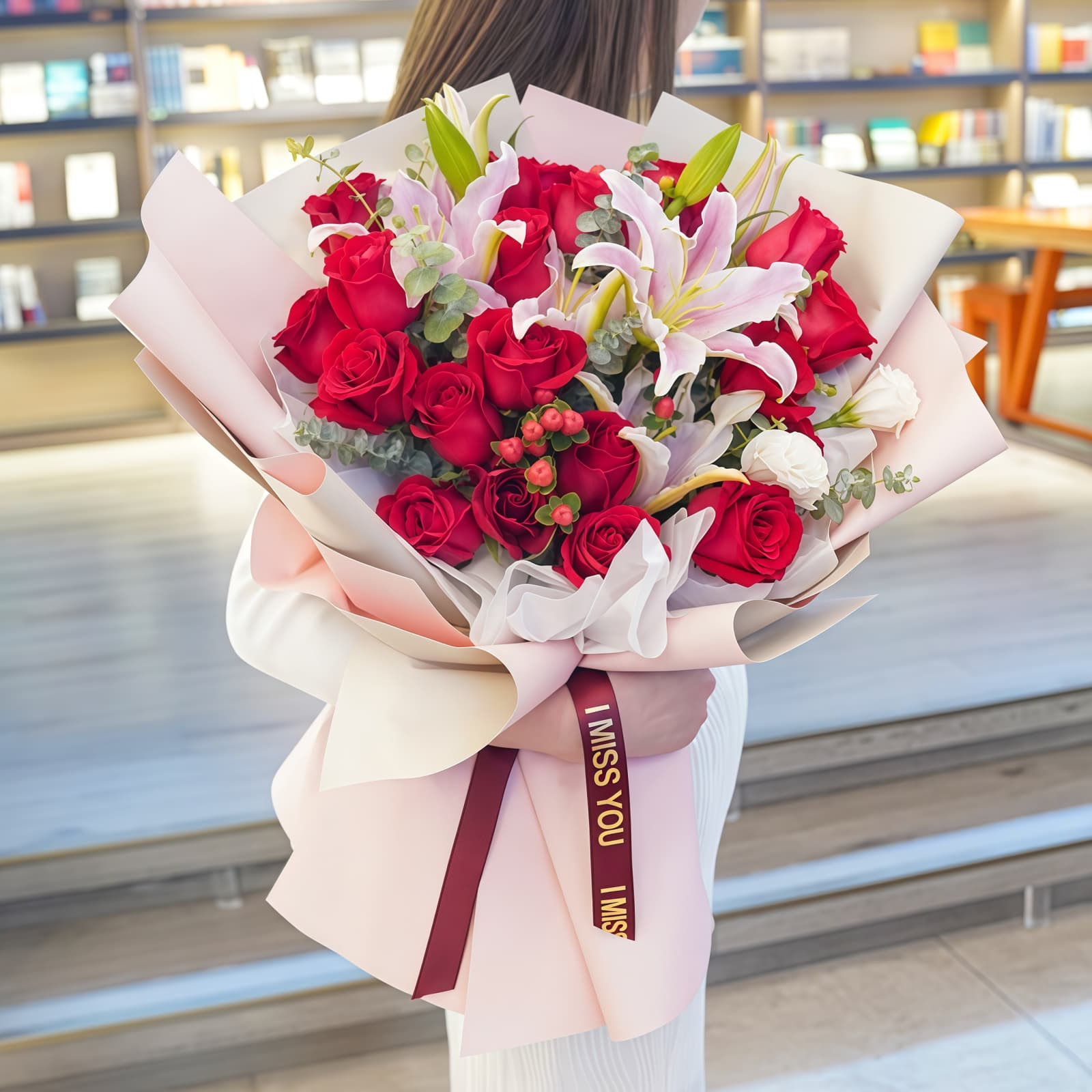 19 Red Roses & 6 Lilies Bouquet | Radiant Joy Floral Arrangement