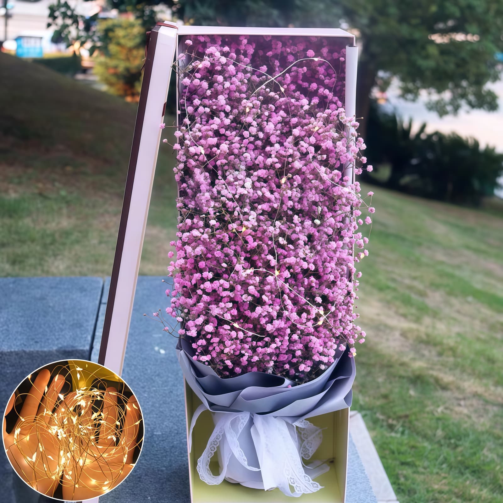 Purple Gypsophila Gift Box – Misty Purple Purple Gypsophila Gift Box with Fairy Lights | Misty Purple Floral Bouquet