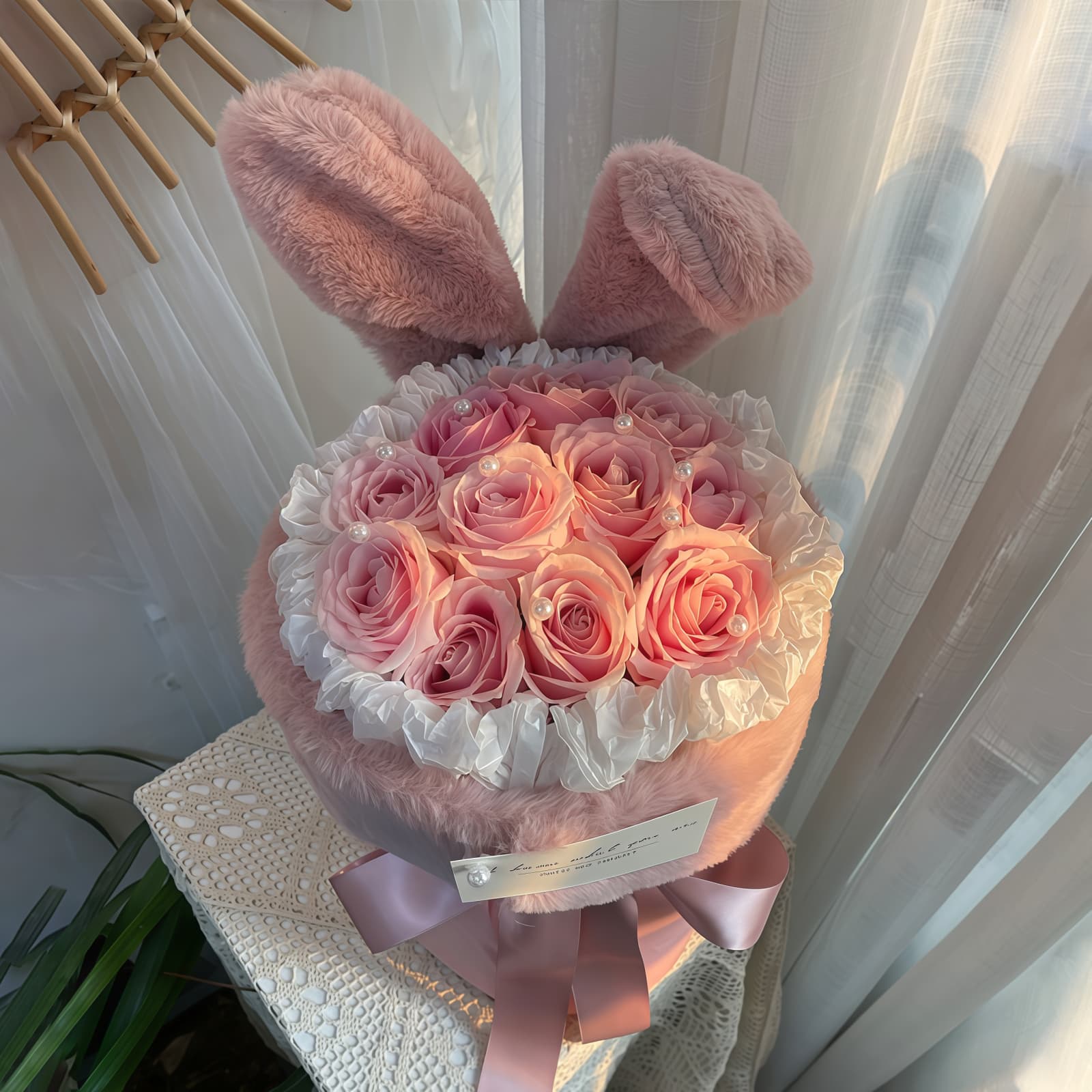 11 Pink Roses Rabbit Ears Bouquet | Whimsical Floral Gift