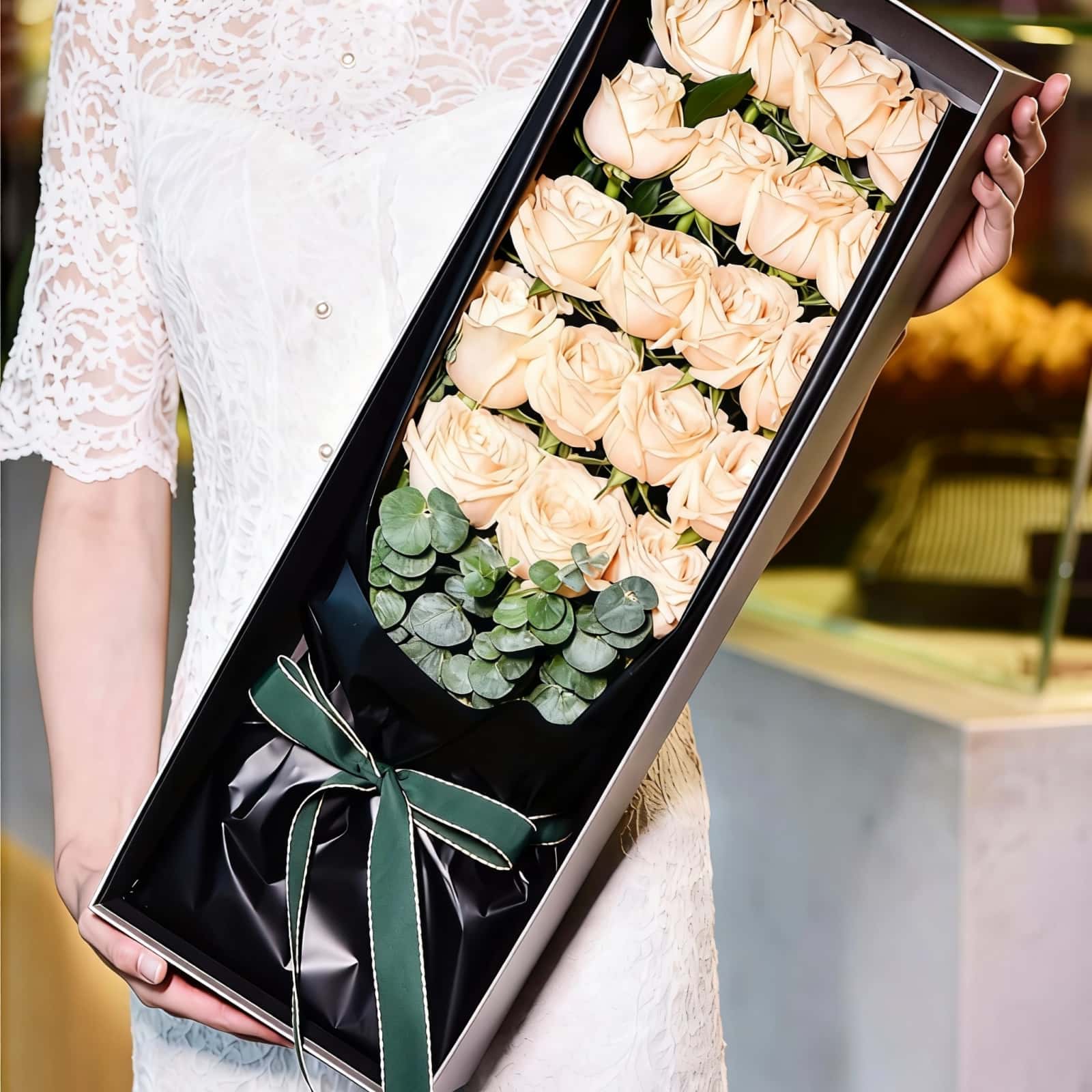 19 Champagne Roses Box – Warm Affection – 1 19 Champagne Roses in Gift Box - Elegant Floral Arrangement - 1