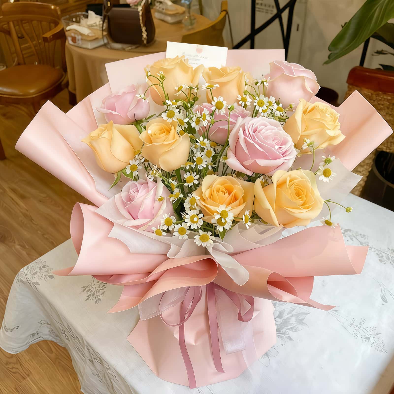 12 Champagne & Pink Rose Bouquet - Sweet Romance Floral Gift