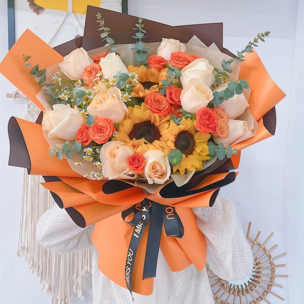 3 Sunflowers & 11 Champagne Roses Bouquet | Sunny Joy Floral Gift