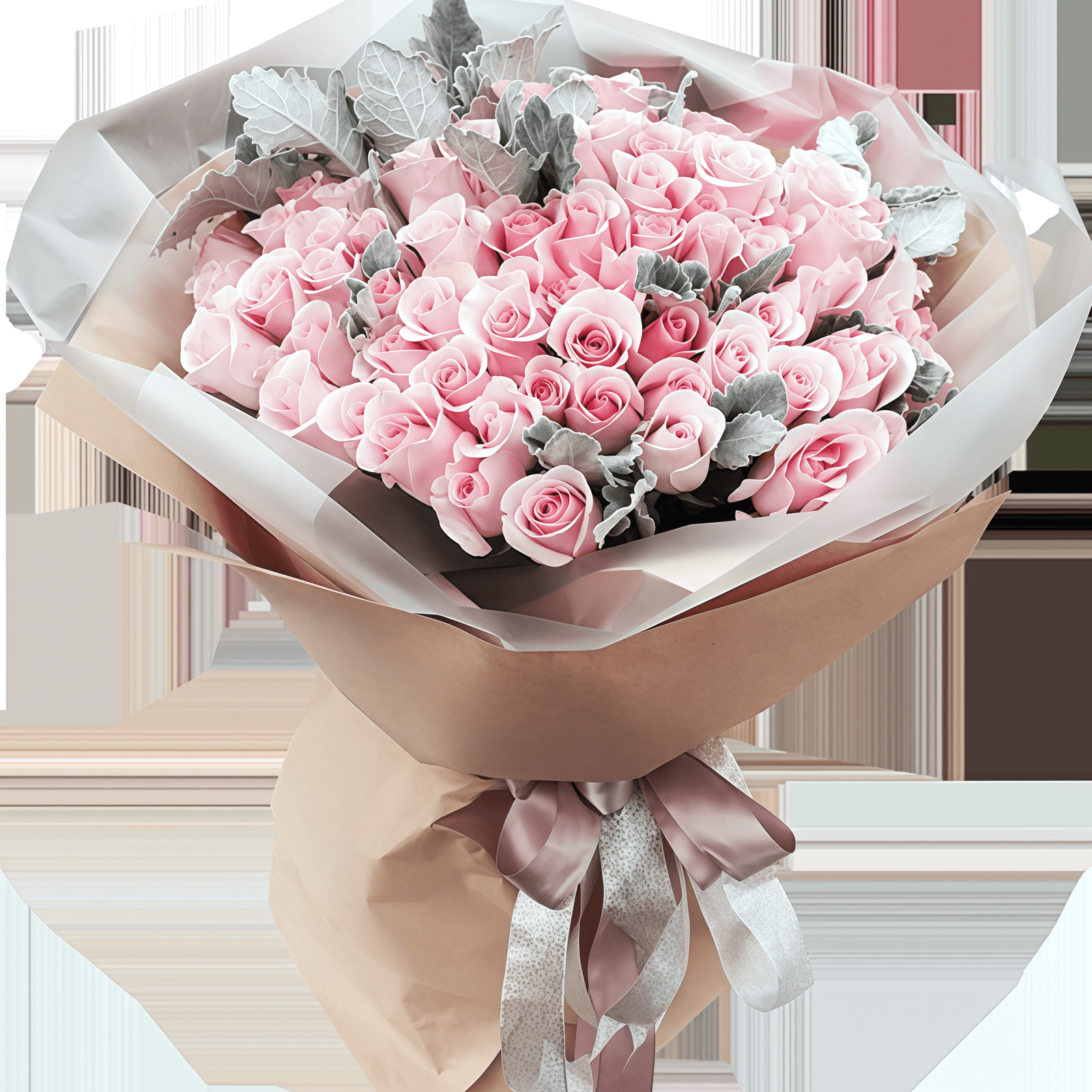 草莓冰 · 粉红雪山与银叶菊 99 Pink Roses Bouquet - Strawberry Dream | Romantic Floral Gift - 2