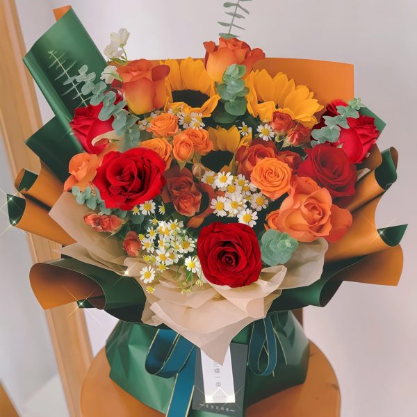 Sunflower and Red Rose Bouquet | Golden Glow Floral Arrangement