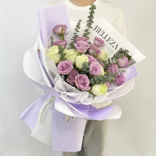 21 Purple & White Roses Bouquet – Celestial Love Celestial Love: 21 Purple & White Roses Bouquet