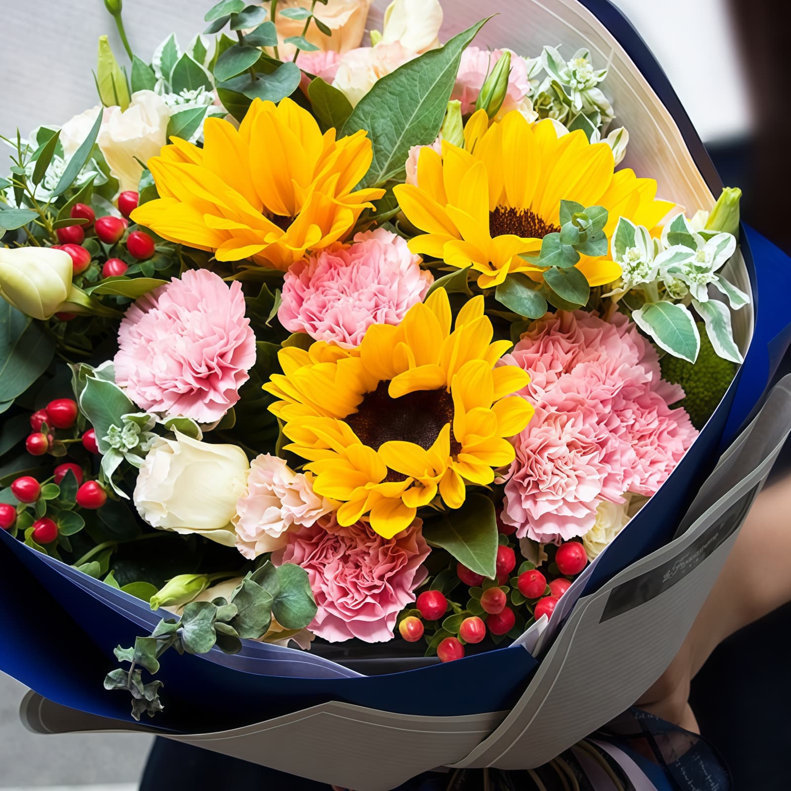 我心向你 · 向日葵与康乃馨桔梗 3 Sunflowers & 9 Carnations Bouquet - Heartfelt Care Floral Arrangement - 3