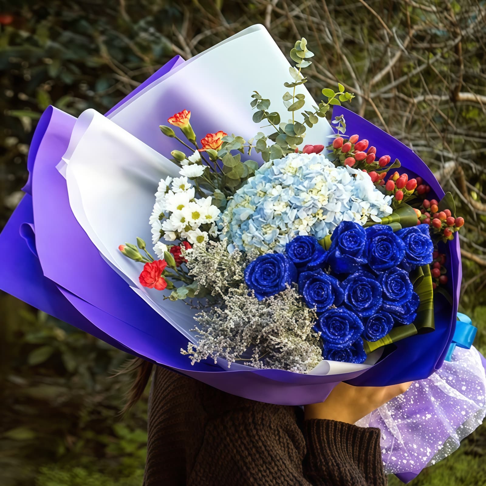 Blue Roses & Hydrangea Bouquet - Pure Serenity Floral Gift
