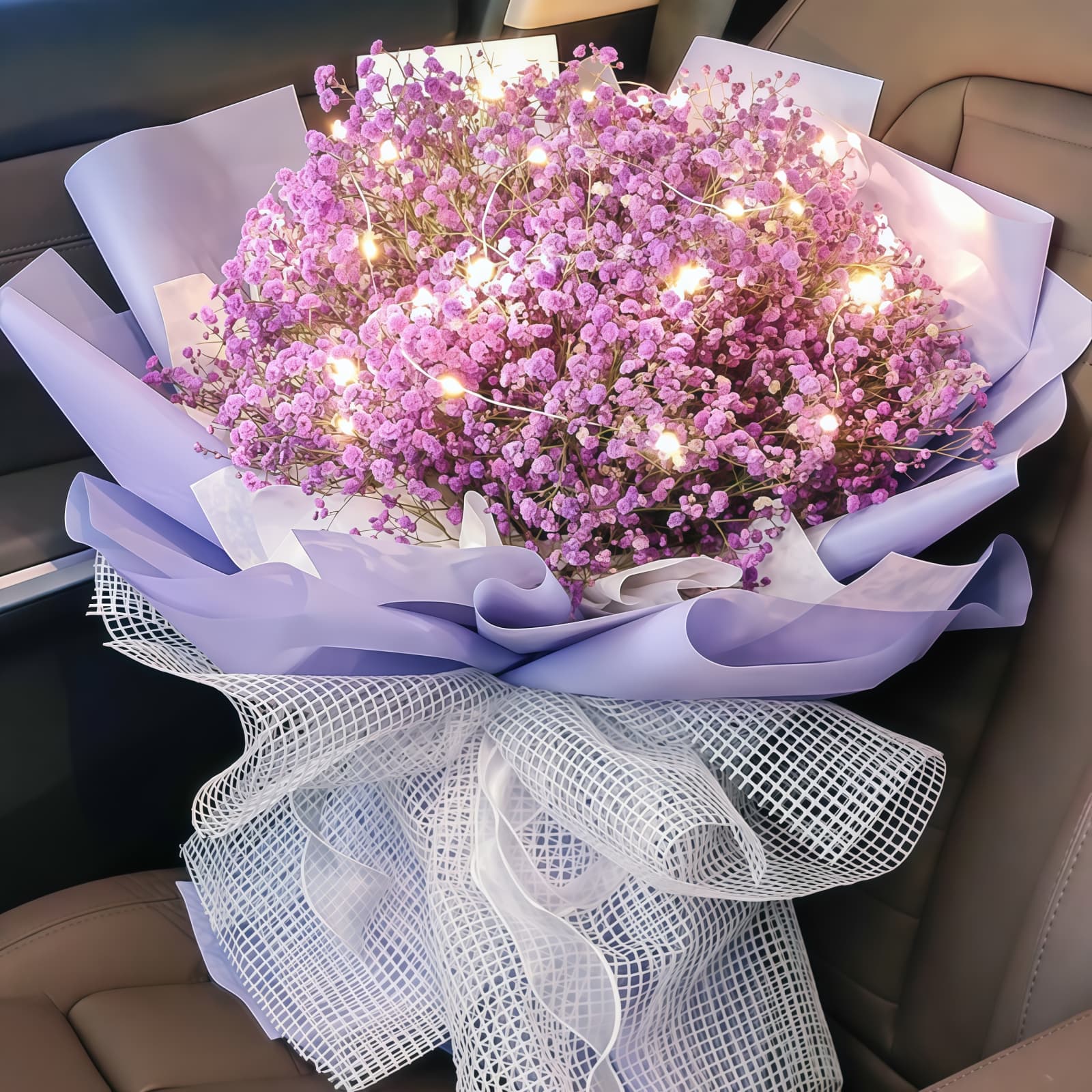 Purple Baby’s Breath Bouquet – Lavender Dreamscape Purple Baby's Breath Bouquet - Lavender Dreamscape with Fairy Lights
