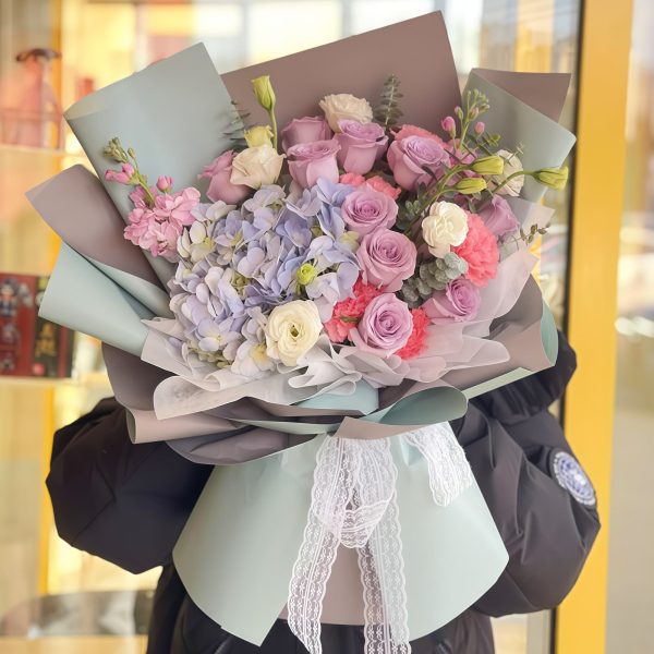 茕茕白兔 · 紫玫瑰与绣球混搭花束 11 Purple Roses & Blue Hydrangea Bouquet - Elegant Floral Gift