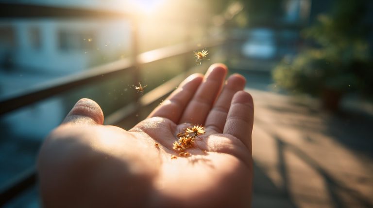 A hand gently holding tiny cosmos seeds.