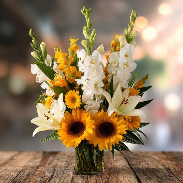A diverse collection of flowers for Father's Day, including sunflowers and orchids.