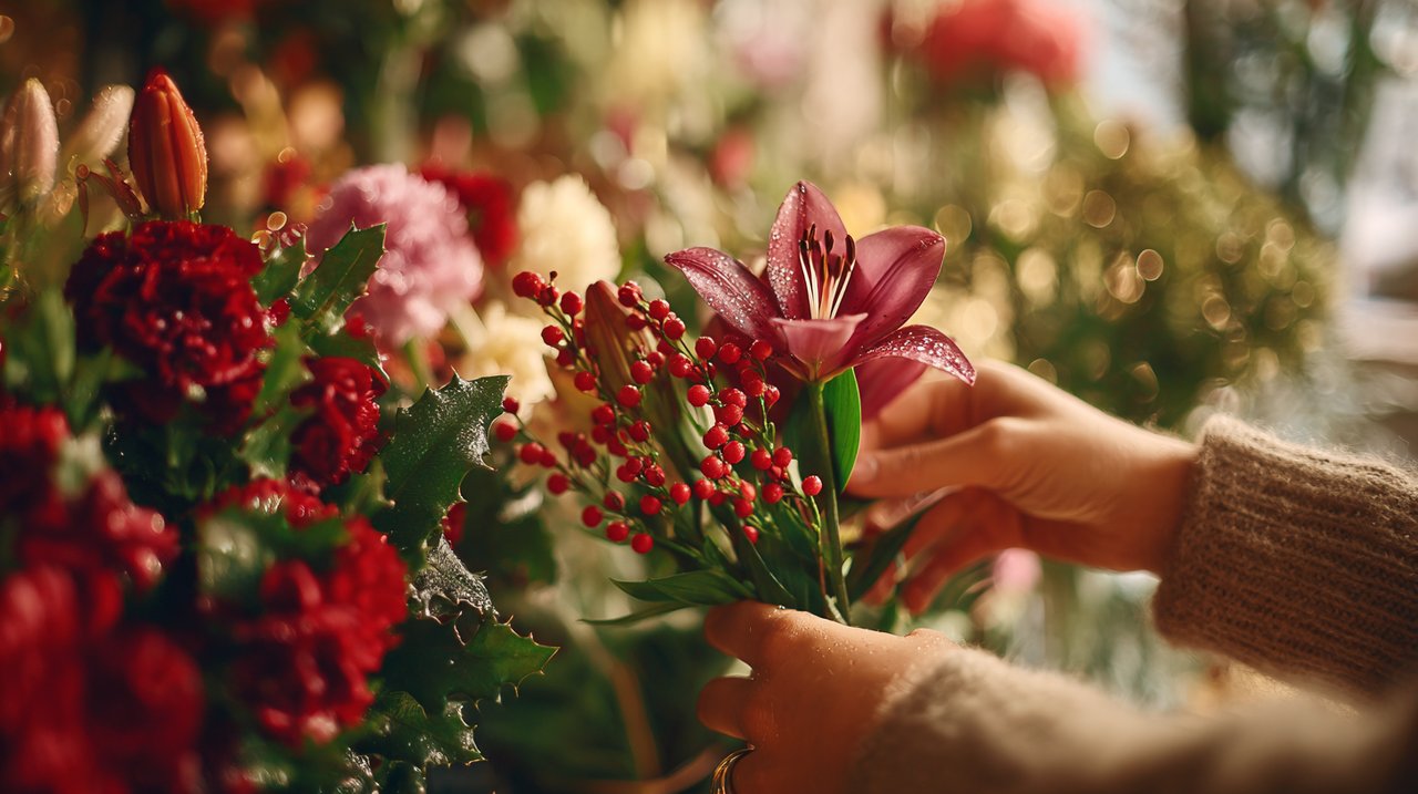 Hands selecting fresh flowers in a flower shop.