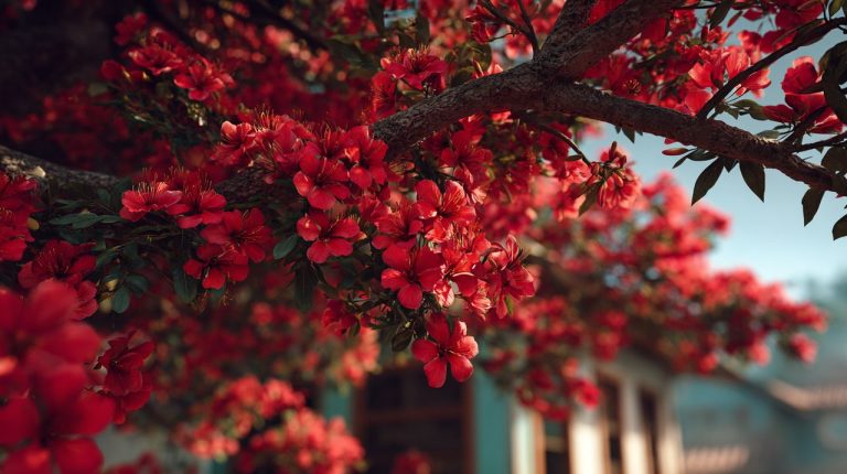 Vibrant red phoenix flowers blooming against a summer sky.